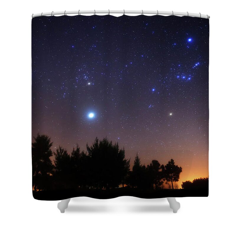 Horizontal Shower Curtain featuring the photograph The Pleiades, Taurus And Orion by Luis Argerich
