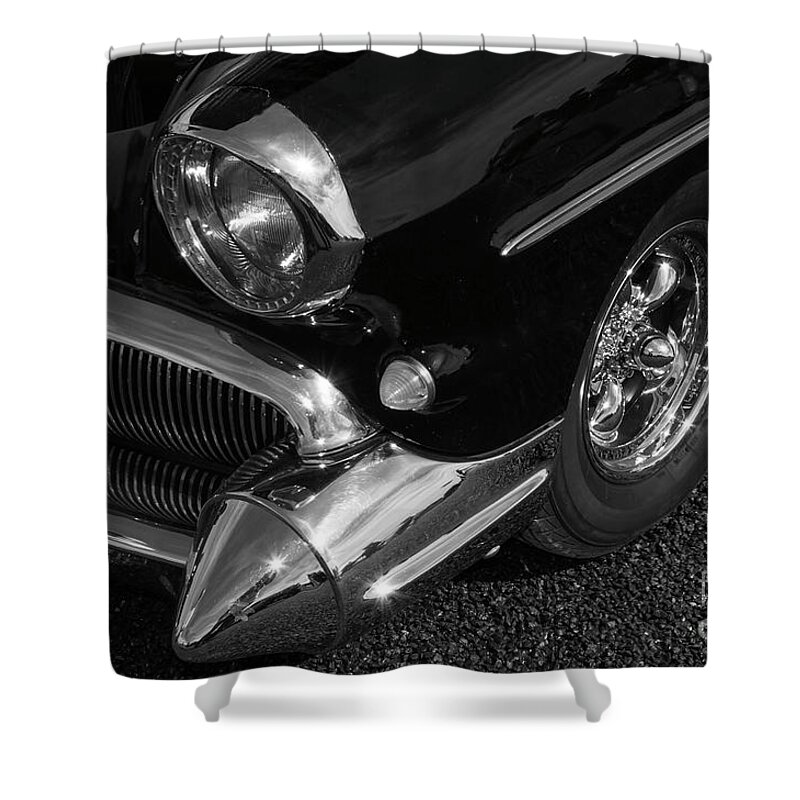 Cars Shower Curtain featuring the photograph The Pointed Chrome Bumper by Kirt Tisdale
