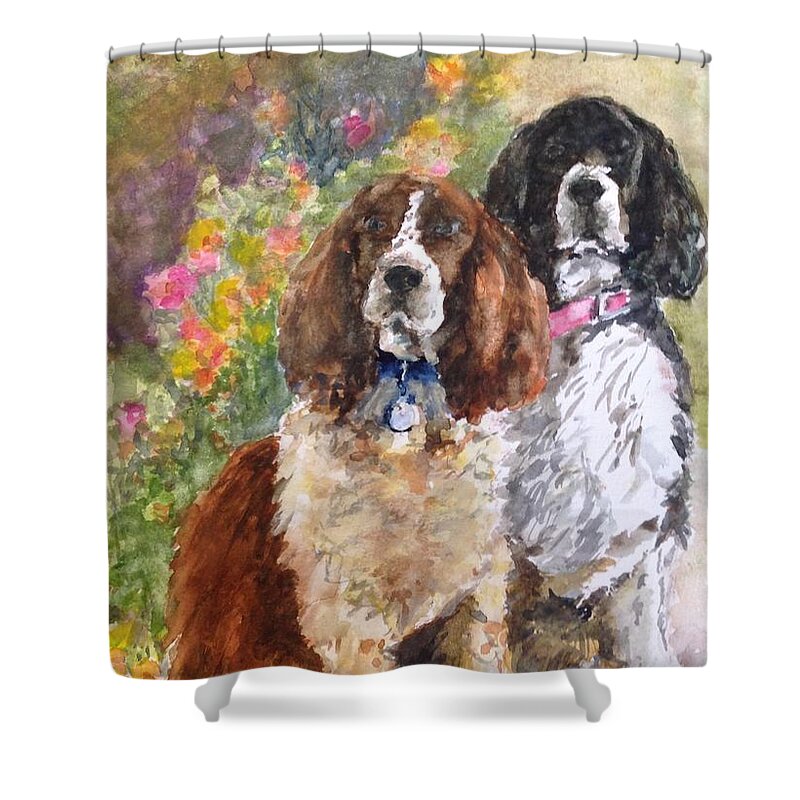 Springer Spaniels Shower Curtain featuring the painting The Puppies by Cheryl Wallace