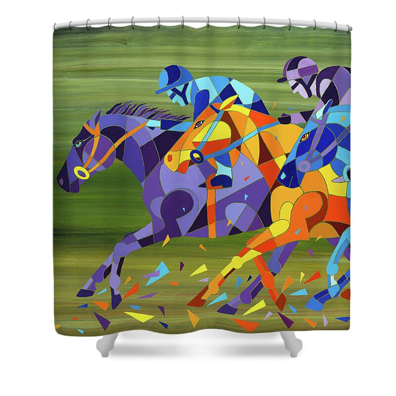 Race Art Shower Curtain featuring the painting The Race is On by Barbara Rush