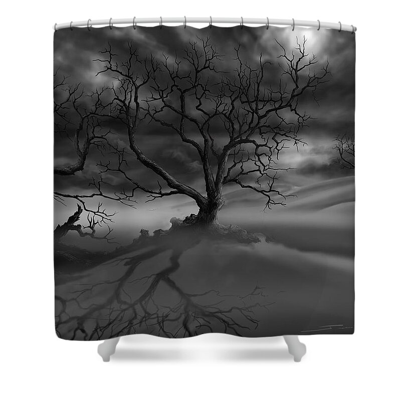 Dark Tree Shower Curtain featuring the painting The Raven's Night by James Hill