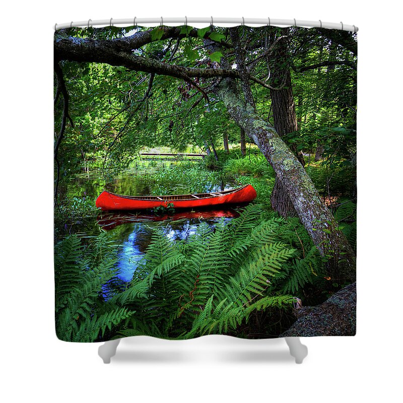 Canoe Under The Canopy Shower Curtain featuring the photograph The Red Canoe on the Lake by David Patterson