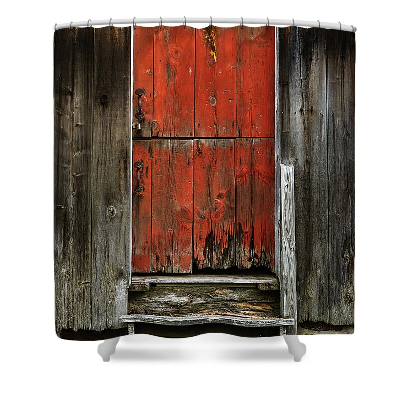 (farm Or Farmlands) Shower Curtain featuring the photograph The Red Mill Door by Debra Fedchin