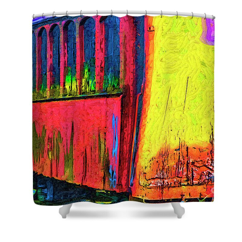 Train Shower Curtain featuring the digital art The Red Railroad Car In Fauvism by Kirt Tisdale
