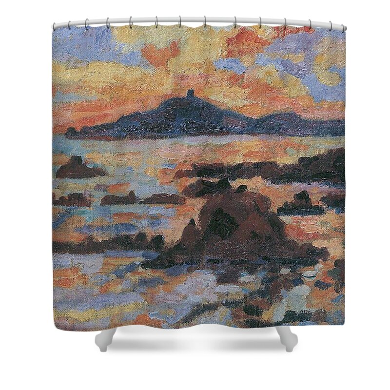 Falaises - The Red Rocks At Agay Shower Curtain featuring the painting The Red Rocks at Agay by MotionAge Designs