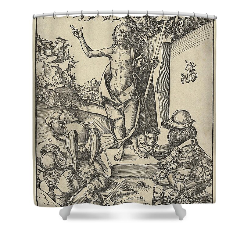Lucas Cranach The Elder Shower Curtain featuring the drawing The Resurrection from The Passion by Lucas Cranach the Elder