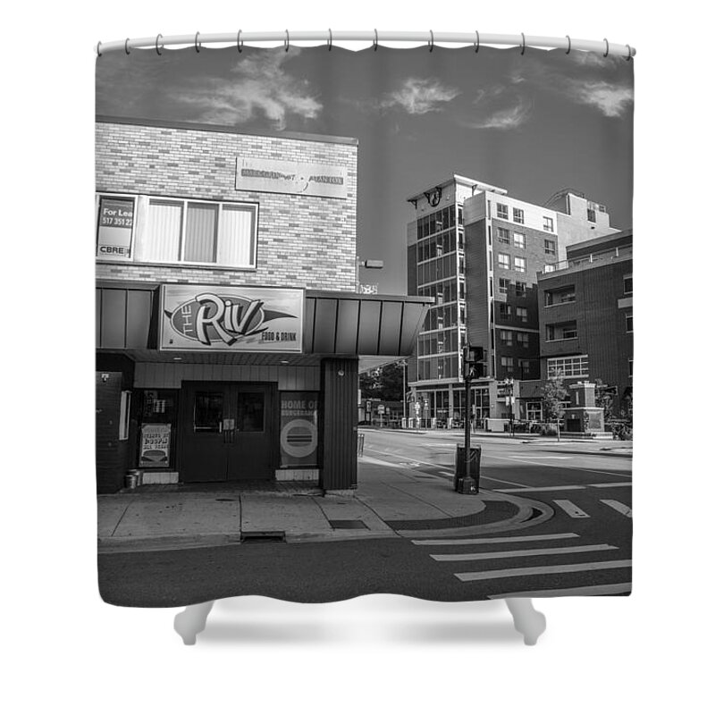 East Lansing Shower Curtain featuring the photograph The Riv ion Black and White by John McGraw