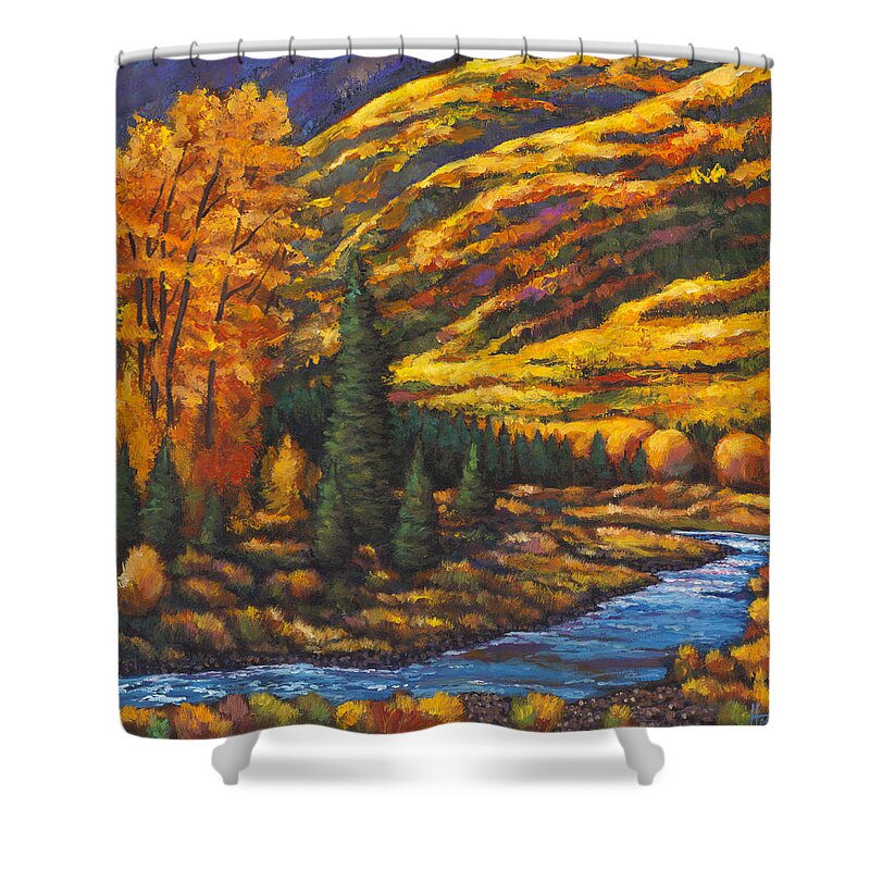 Landscape Shower Curtain featuring the painting The River Runs by Johnathan Harris