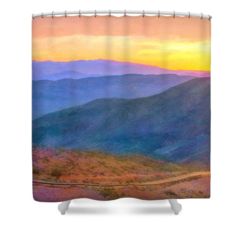 Sunrise Shower Curtain featuring the digital art The Road Below by Rick Wicker