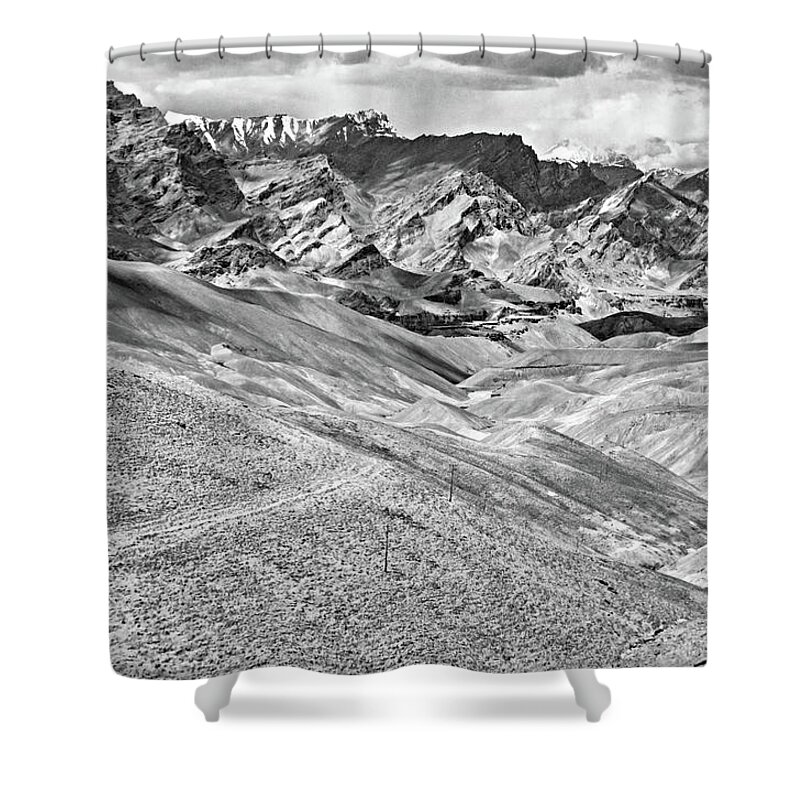 Adakh Shower Curtain featuring the photograph The Road to Ladakh 2 bw by Steve Harrington