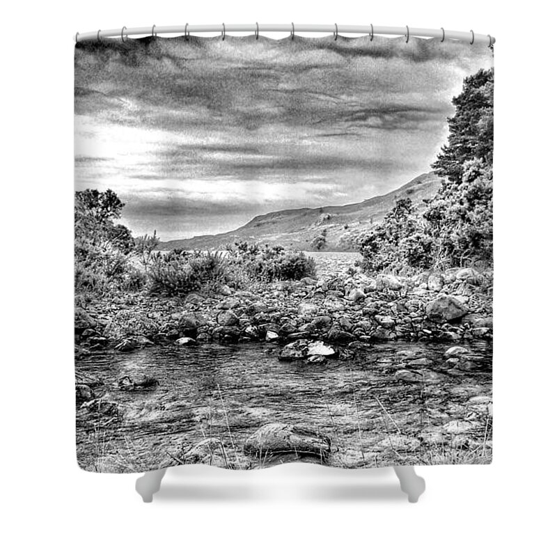 The English Lake District Shower Curtain featuring the photograph The Rocky Shores of Wastwater in Greyscale by Joan-Violet Stretch