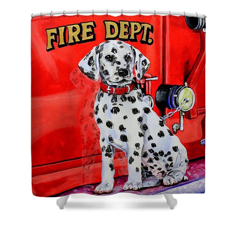 Dalmatian Shower Curtain featuring the painting The Rookie by Karl Wagner