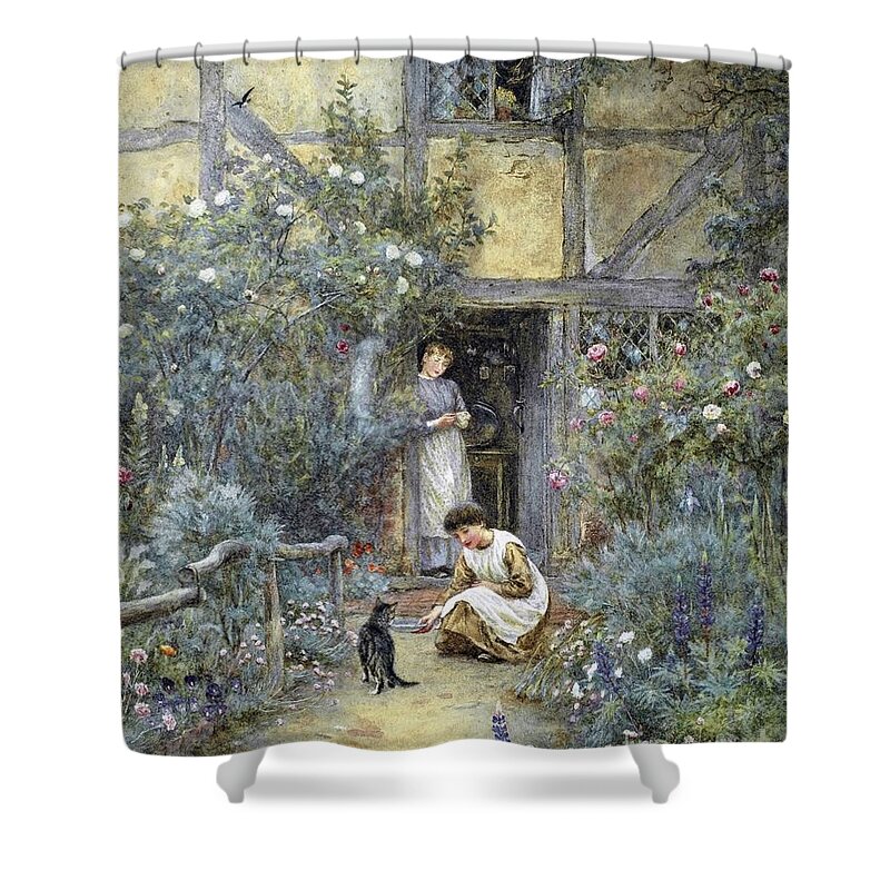 Helen Allingham - The Saucer Of Milk. Beautiful House Shower Curtain featuring the painting The Saucer of Milk by Helen Allingham