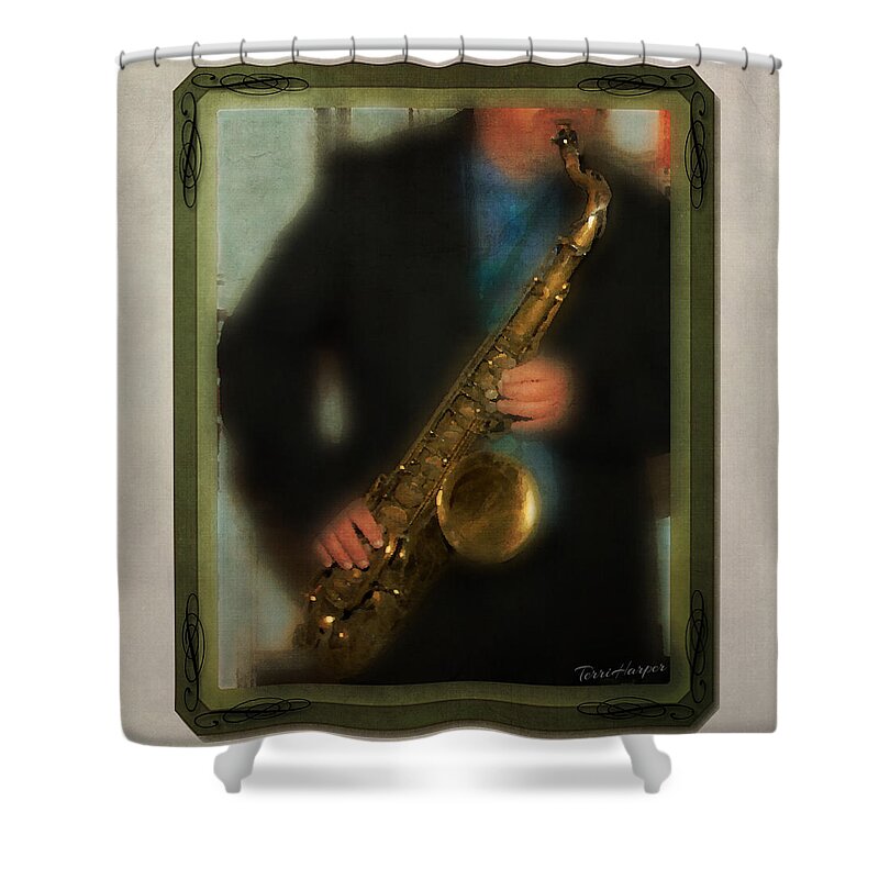 Sax Player Shower Curtain featuring the photograph Saxman by Terri Harper