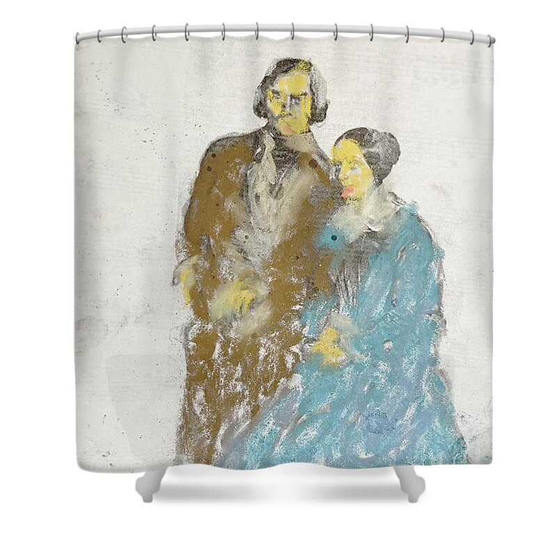 Robert And Clara Shower Curtain featuring the drawing The Schumanns by Bencasso Barnesquiat