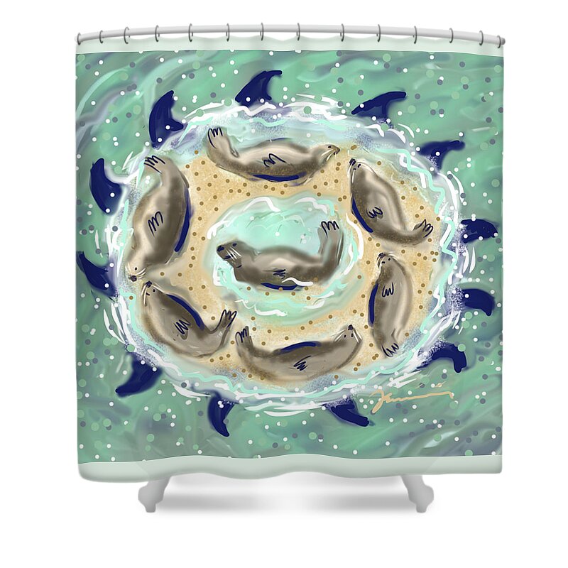 Seals Shower Curtain featuring the painting The Seals Of Chatham Bars by Jean Pacheco Ravinski