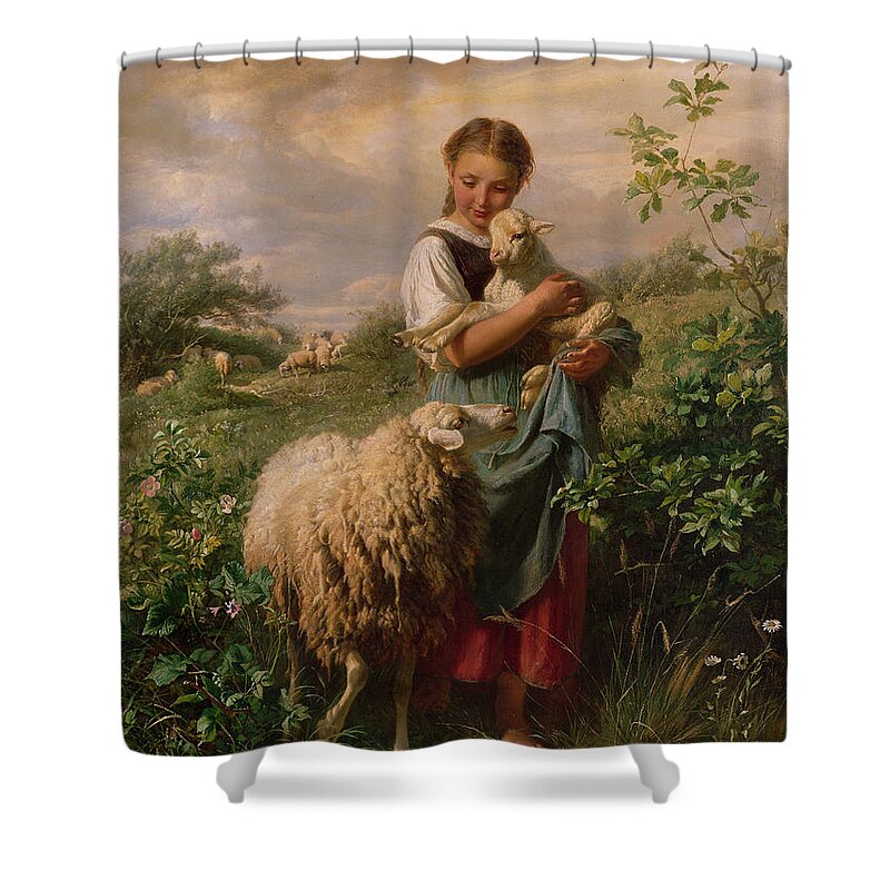 Shepherdess Shower Curtain featuring the painting The Shepherdess by Johann Baptist Hofner