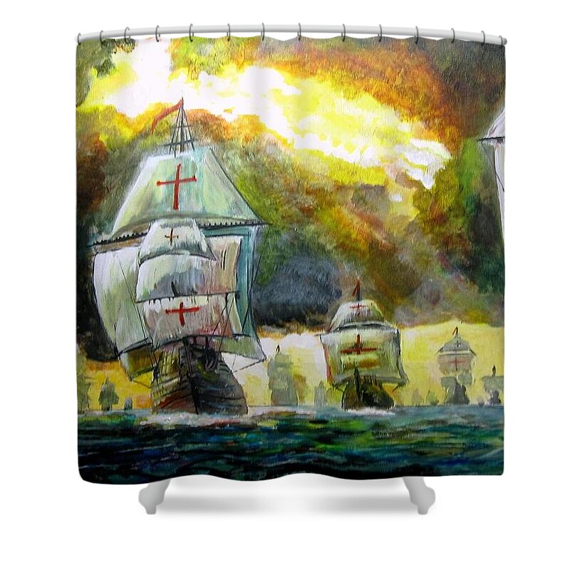 Ships Shower Curtain featuring the painting The Spanish Armada by Mike Benton