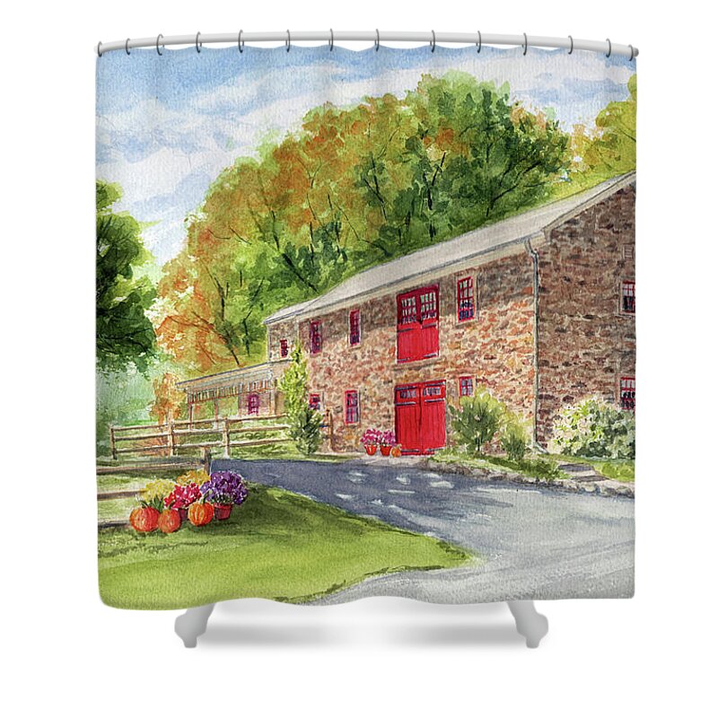 Stone Barn Shower Curtain featuring the painting The Stone House by Vikki Bouffard