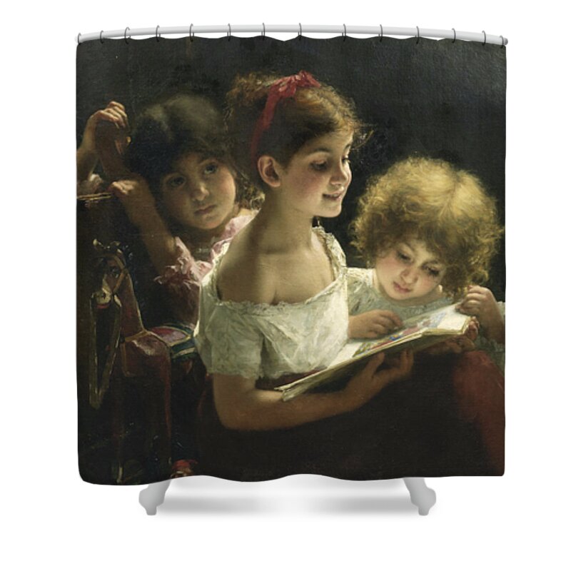 Alexei Alexeevich Harlamoff (russian Shower Curtain featuring the painting The story book by Alexei Alexeevich Harlamoff