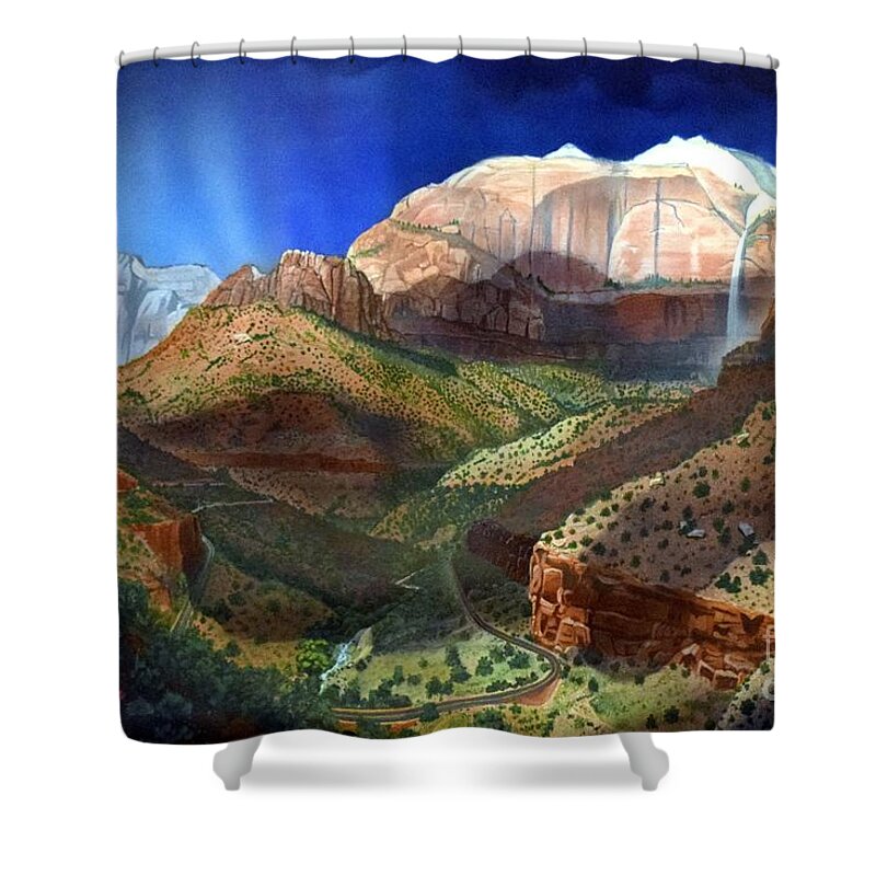 Zion National Park Shower Curtain featuring the painting The Streaked Wall ZION by Jerry Bokowski