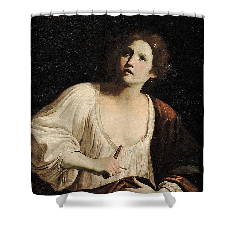 Attributed To Guido Cagnacci Shower Curtain featuring the painting The Suicide Of Lucretia by Attributed to Guido Cagnacci
