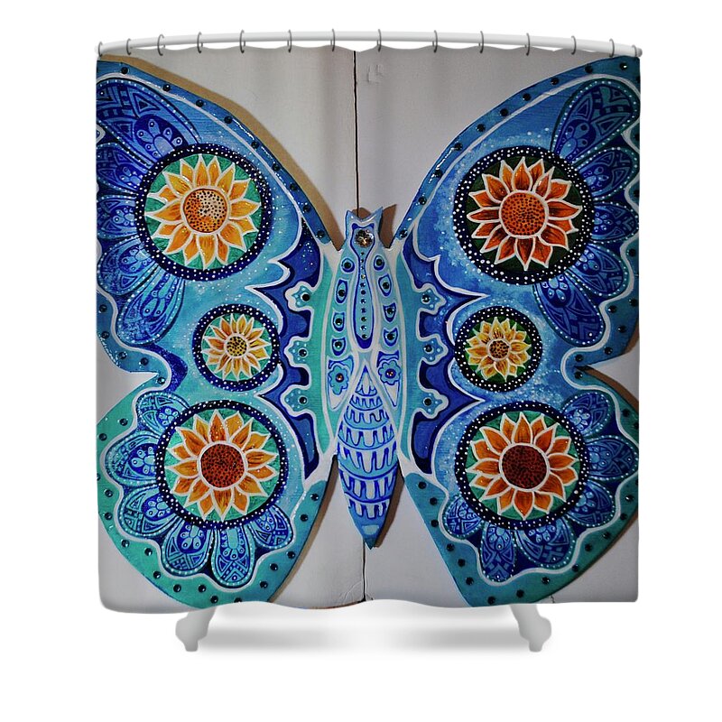 Art On Wood Shower Curtain featuring the painting The Summer Butterfly by Patricia Arroyo