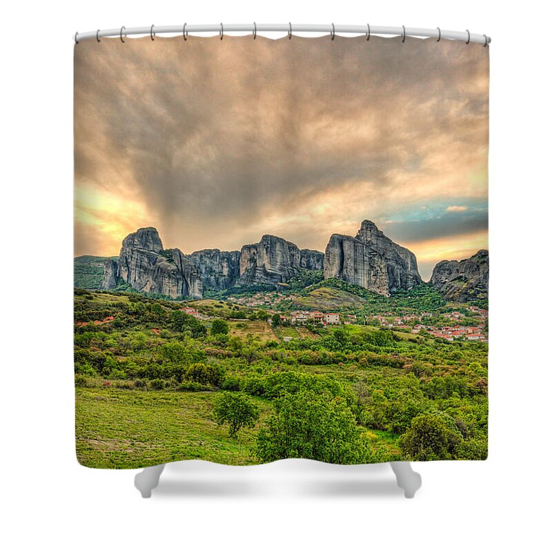Christianity Shower Curtain featuring the photograph The sunrise at Meteora - Greece by Constantinos Iliopoulos