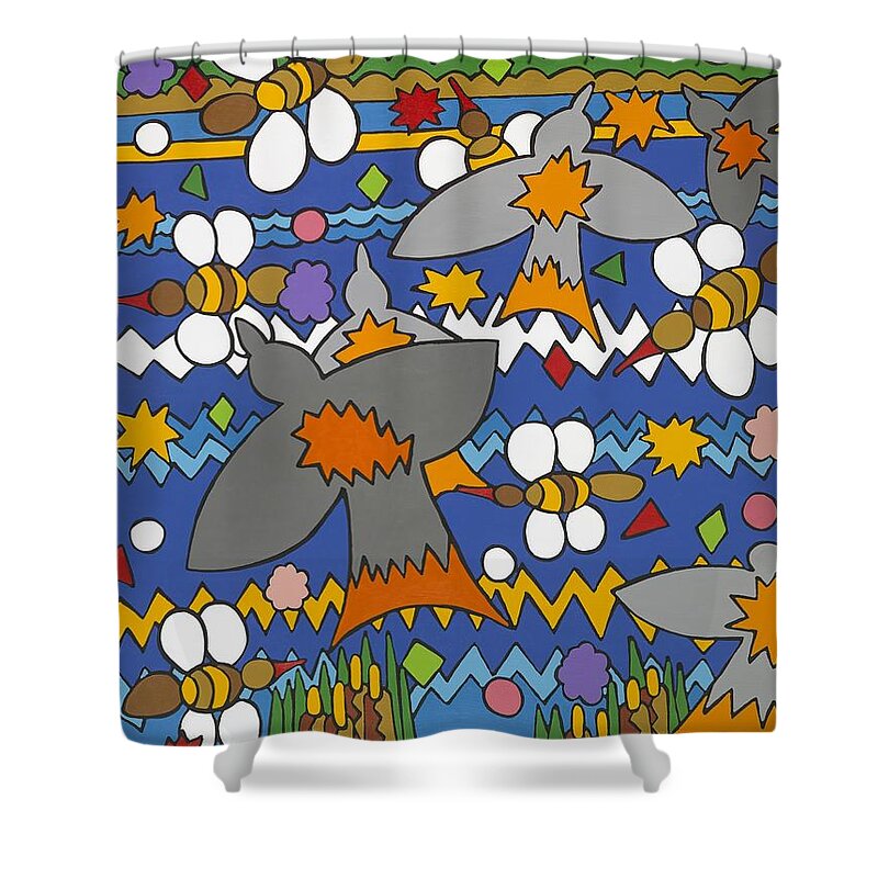 Birds Shower Curtain featuring the painting The Swallows by Rojax Art