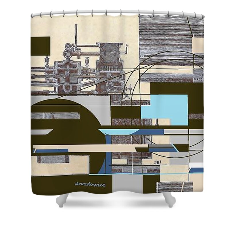 Production System Shower Curtain featuring the mixed media The System by Andrew Drozdowicz