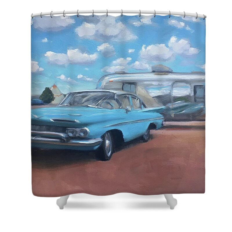 Chevy Shower Curtain featuring the painting The Teepee Motel, Route 66 by Elizabeth Jose