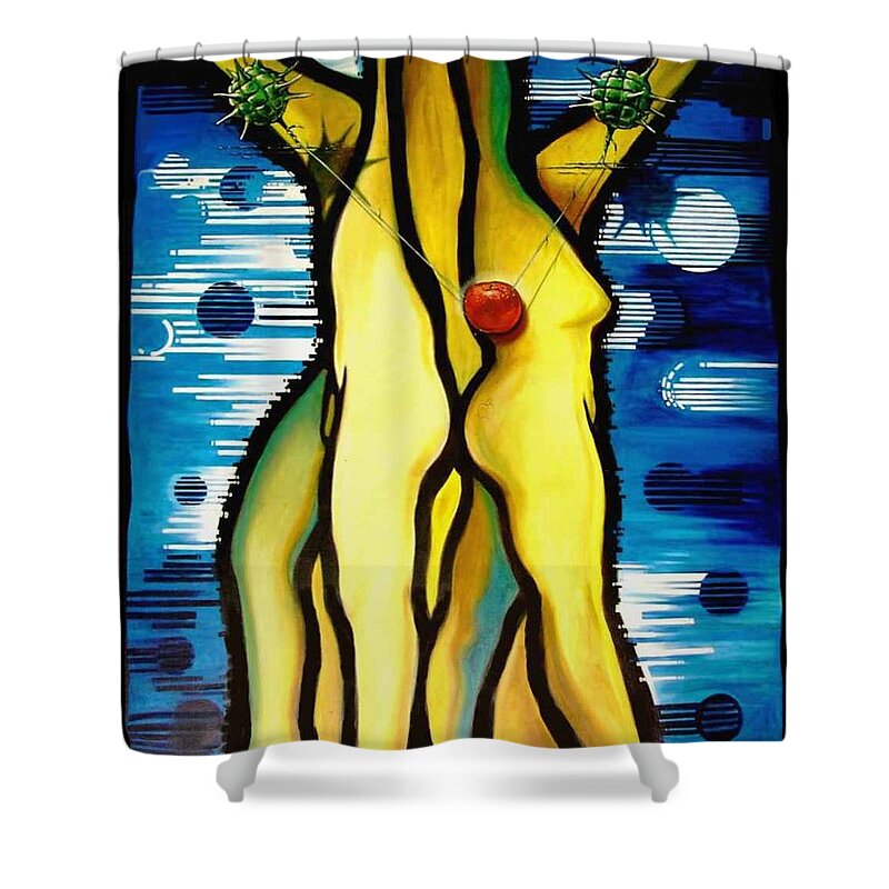 Apple Shower Curtain featuring the painting The Temptation by Roger Calle