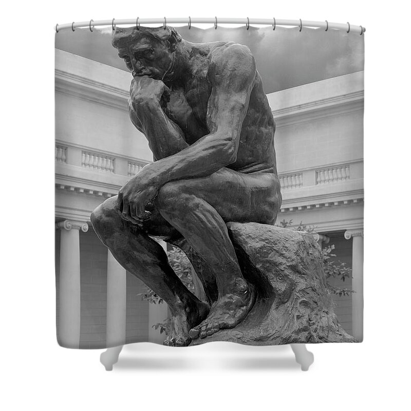 The Thinker Shower Curtain featuring the photograph The Thinker Bronze Sculpture Auguste Rodin Legion of Honor San Francisco California 1 by Kathy Anselmo