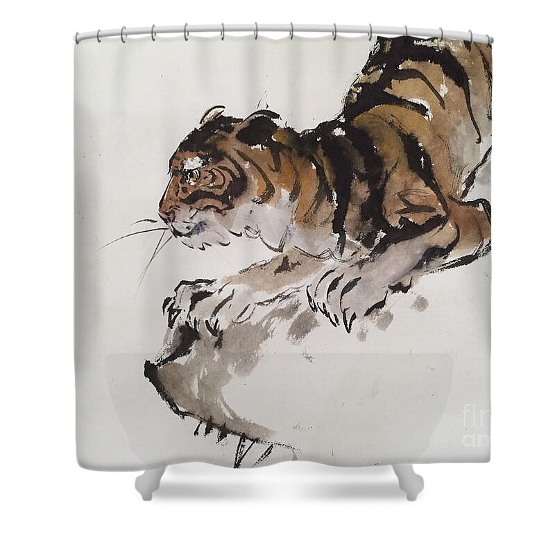  Tiger At Rest Shower Curtain featuring the painting Tiger At Rest by Fereshteh Stoecklein
