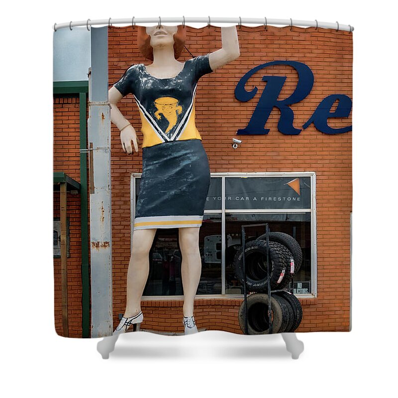 Giant Fiberglass Statues Shower Curtain featuring the photograph The Tornadoes Cheerleader by Gary Warnimont