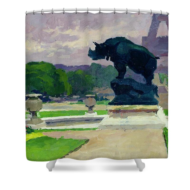 The Shower Curtain featuring the painting The Trocadero Gardens and the Rhinoceros by Jules Ernest Renoux