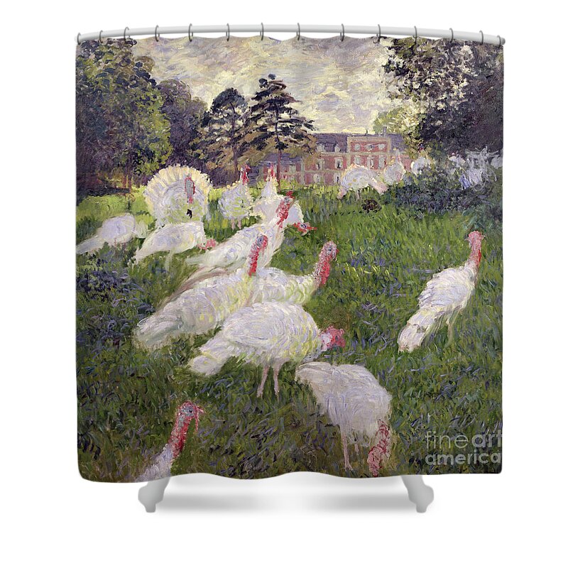 The Turkeys At The Chateau De Rottembourg Shower Curtain featuring the painting The Turkeys at the Chateau de Rottembourg by Claude Monet