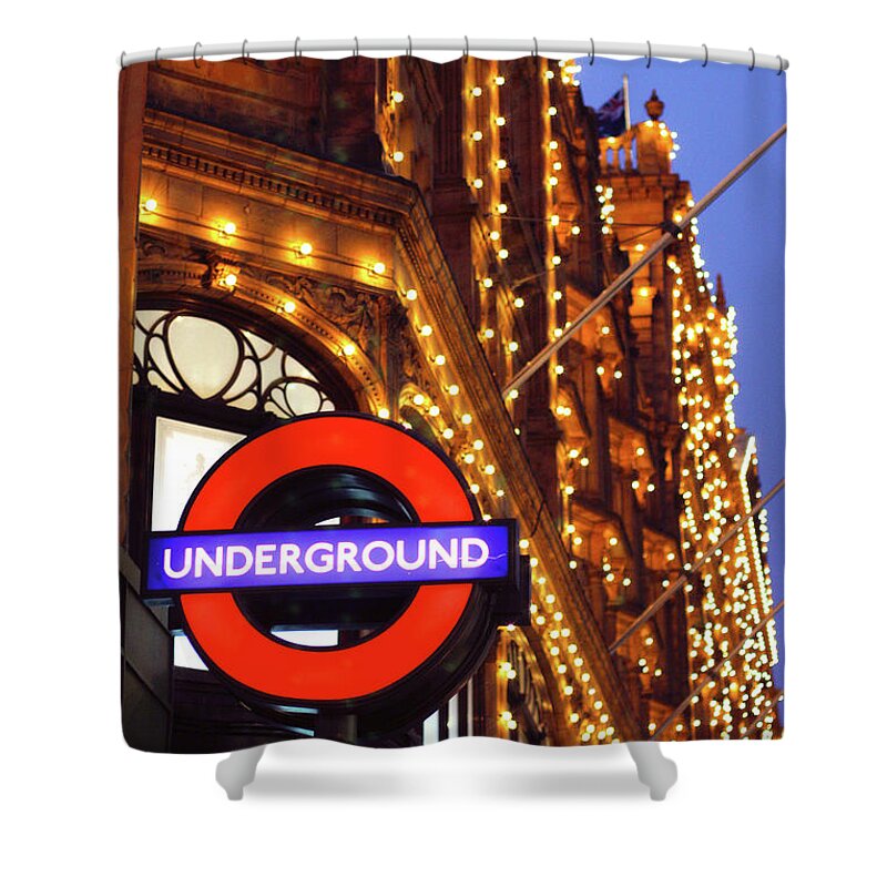 Harrods Shower Curtain featuring the photograph The Underground and Harrods at Night by Hermes Fine Art