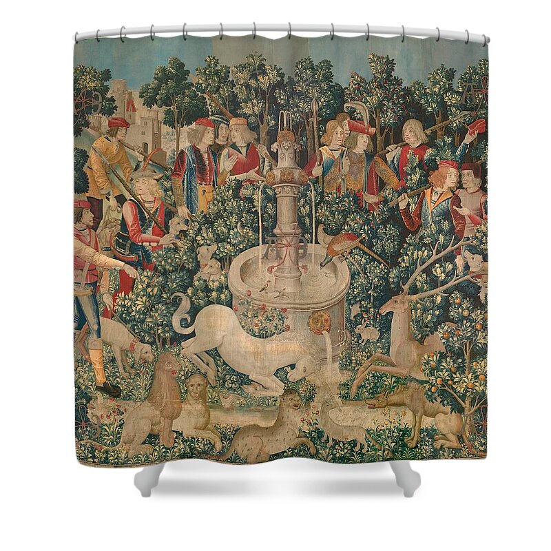 William Shower Curtain featuring the tapestry - textile The Unicorn is Captured by Philip Ralley