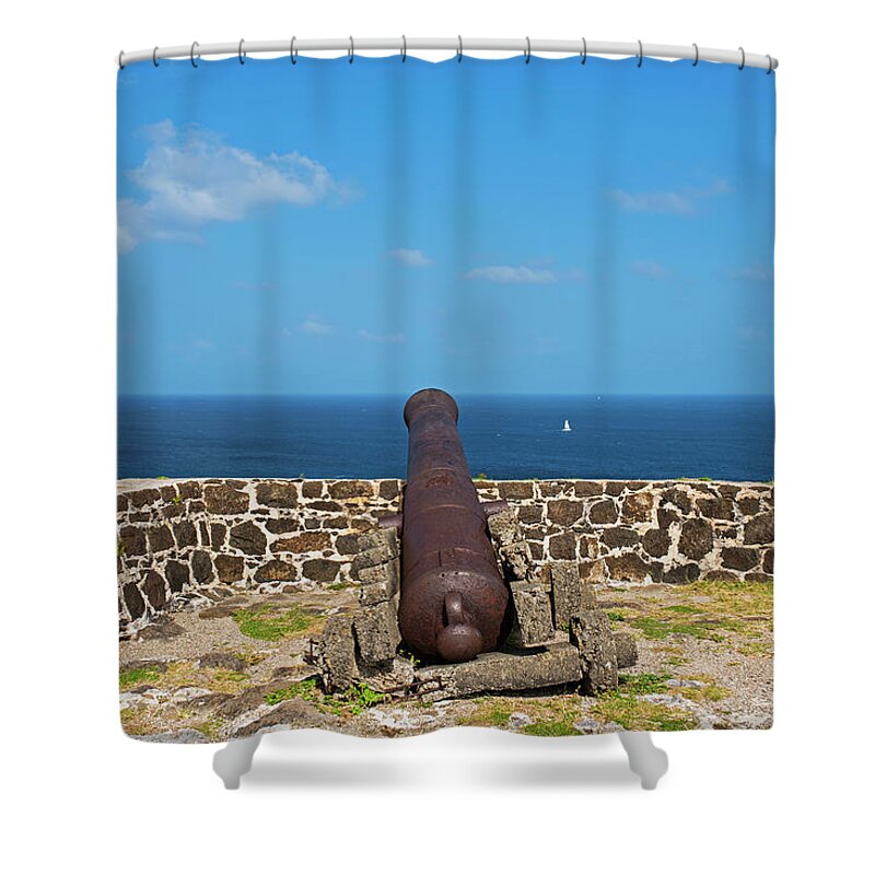 Pigeon Shower Curtain featuring the photograph The view from Fort Rodney on Pigeon Island Gros Islet Saint Lucia Cannon Back by Toby McGuire