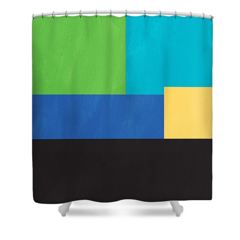 Modern Shower Curtain featuring the mixed media The View From Here- Modern Abstract by Linda Woods