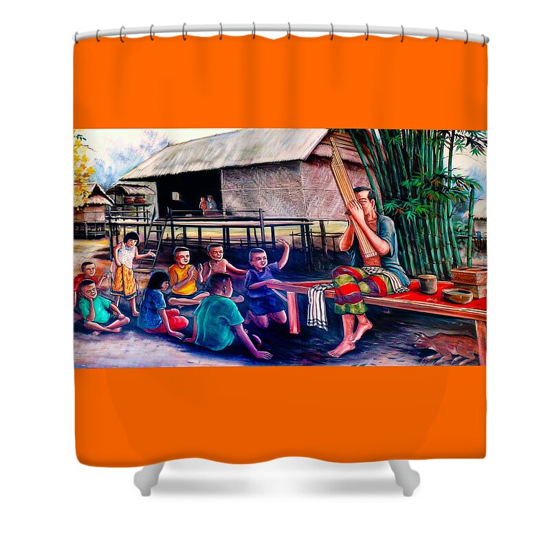 Thaland Shower Curtain featuring the painting The Village Music Man by Ian Gledhill