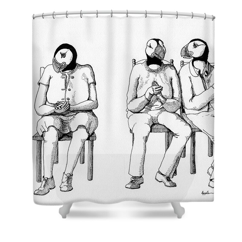 Anthropomorphic Shower Curtain featuring the drawing The Waiting Room by Linda Apple