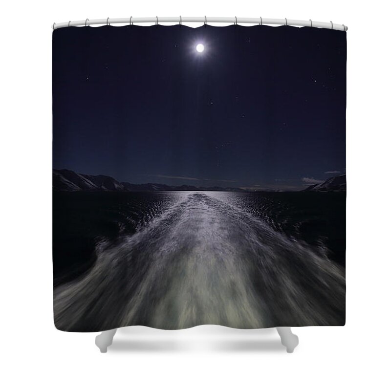 Sea Shower Curtain featuring the photograph The Wake and the Full Moon by Pekka Sammallahti