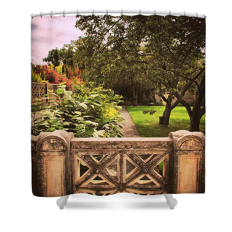 Untermyer Garden Shower Curtain featuring the photograph The Walled Garden Gate by Jessica Jenney