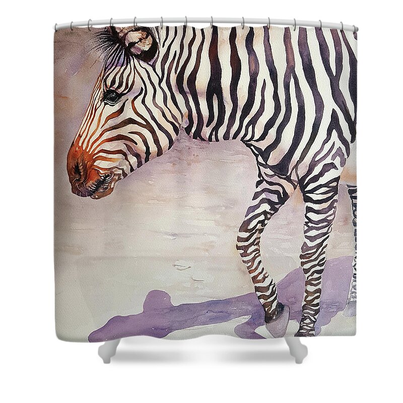 Zebra Shower Curtain featuring the painting The Wanderer by Arti Chauhan