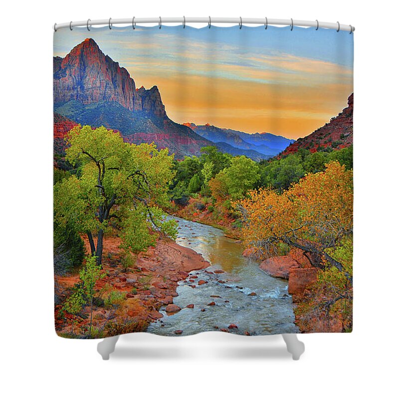 The Watchman And The Virgin River Shower Curtain featuring the photograph The Watchman and the Virgin River by Raymond Salani III