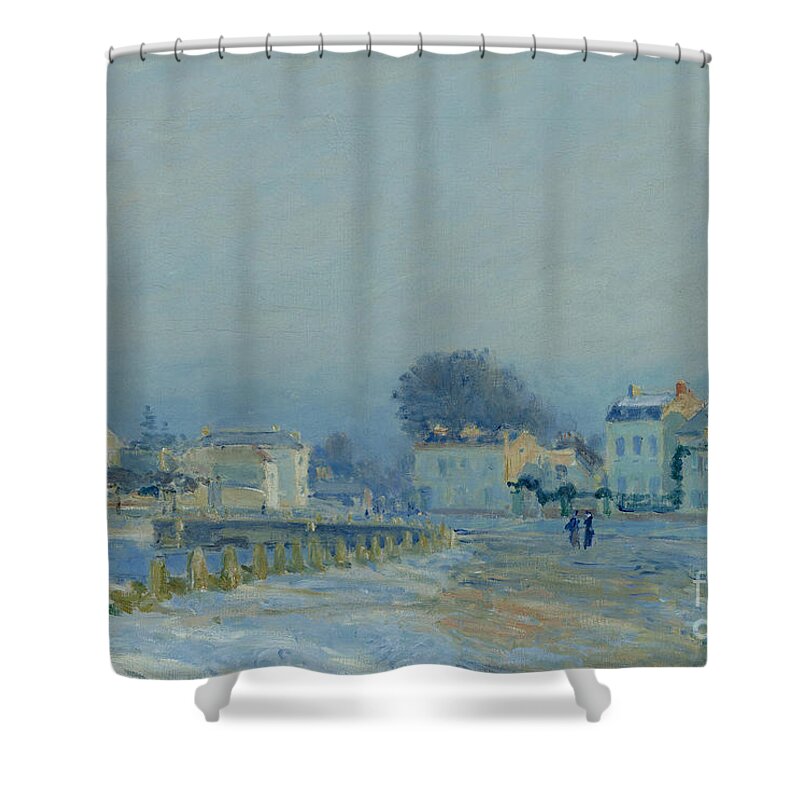Alfred Sisley Shower Curtain featuring the painting The Watering Pond At Marly With Hoarfrost by MotionAge Designs