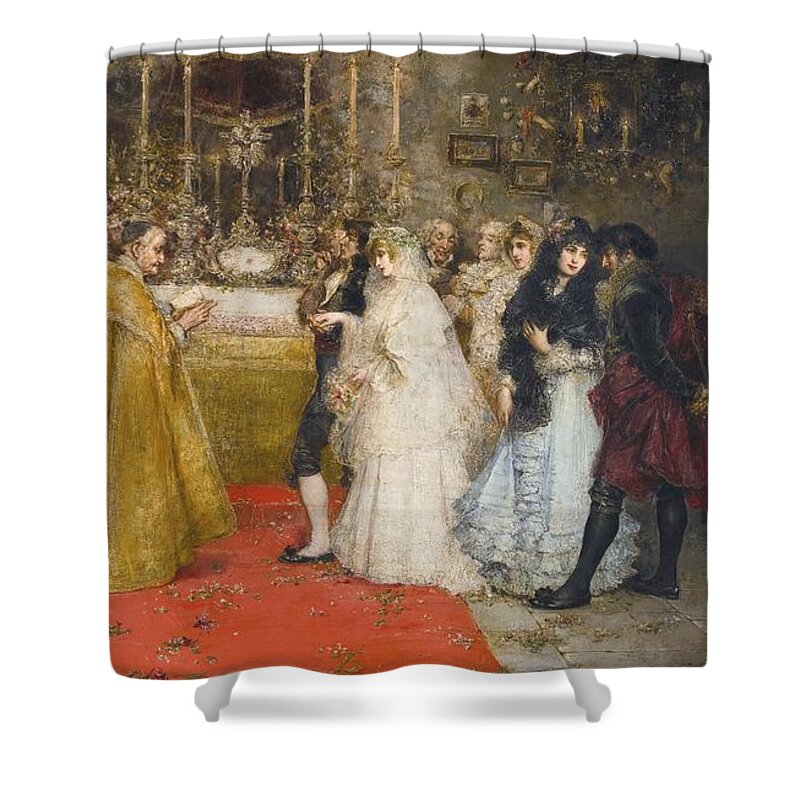 Juan Pablo Salinas Spanish 1871 - 1946 The Wedding Vows Shower Curtain featuring the painting The Wedding Vows, by MotionAge Designs