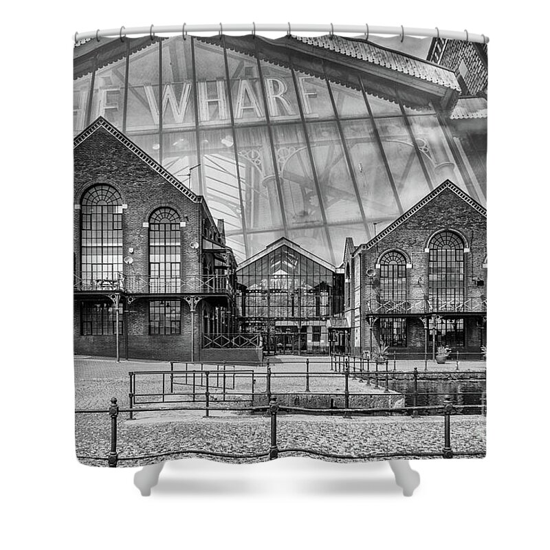 The Wharf Shower Curtain featuring the photograph The Wharf Cardiff Bay Mono by Steve Purnell